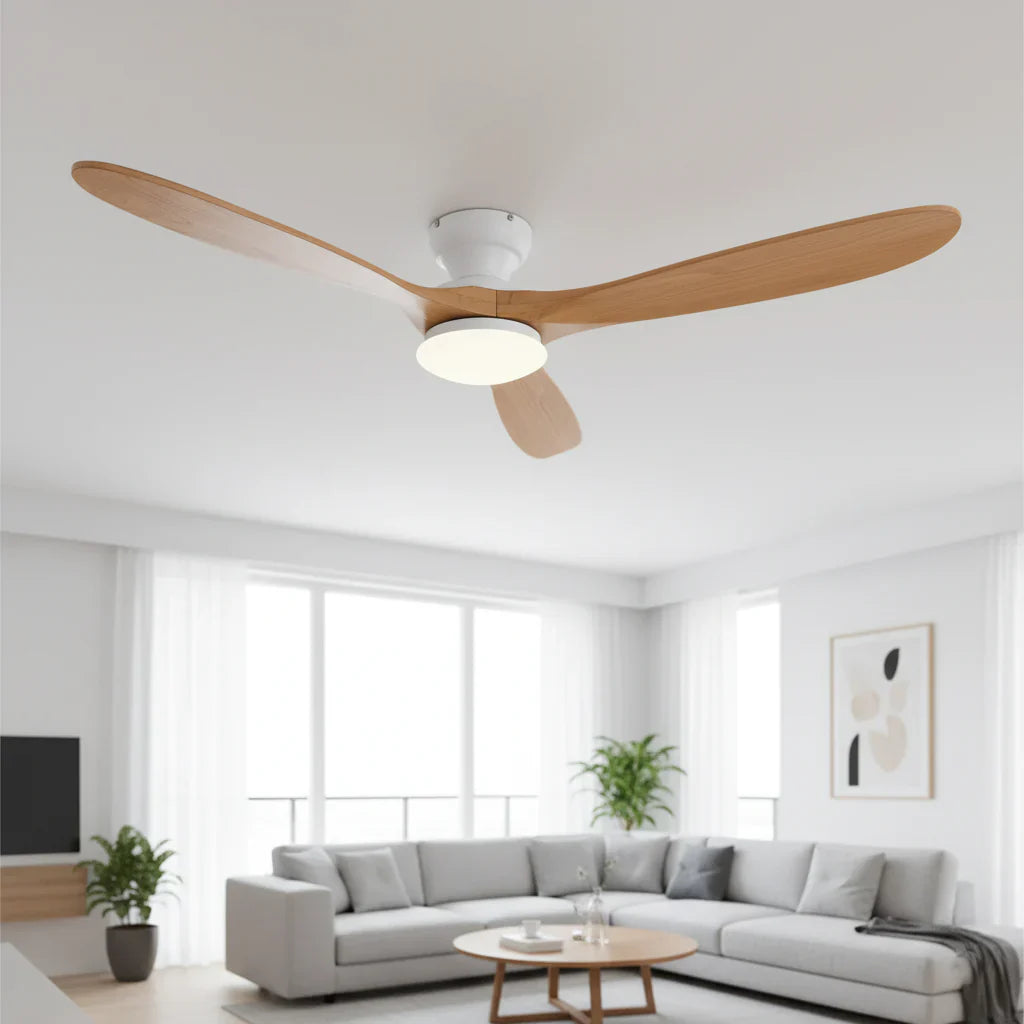 Luma | Ventilateur éclairage LED bois naturel et blanc