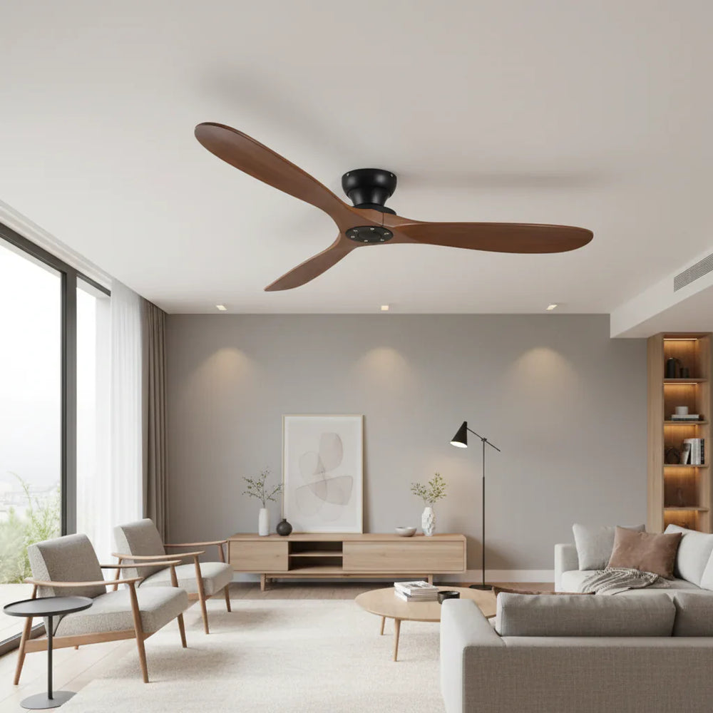 Ventilateur de plafond Vida bois massif noir et LED, vue produit