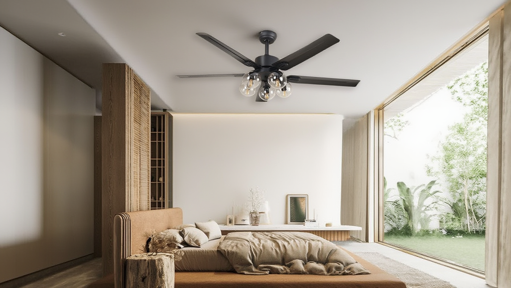 Ventilateur de Plafond Design Lustre 5 Globes en Verre Modèle Galaxie