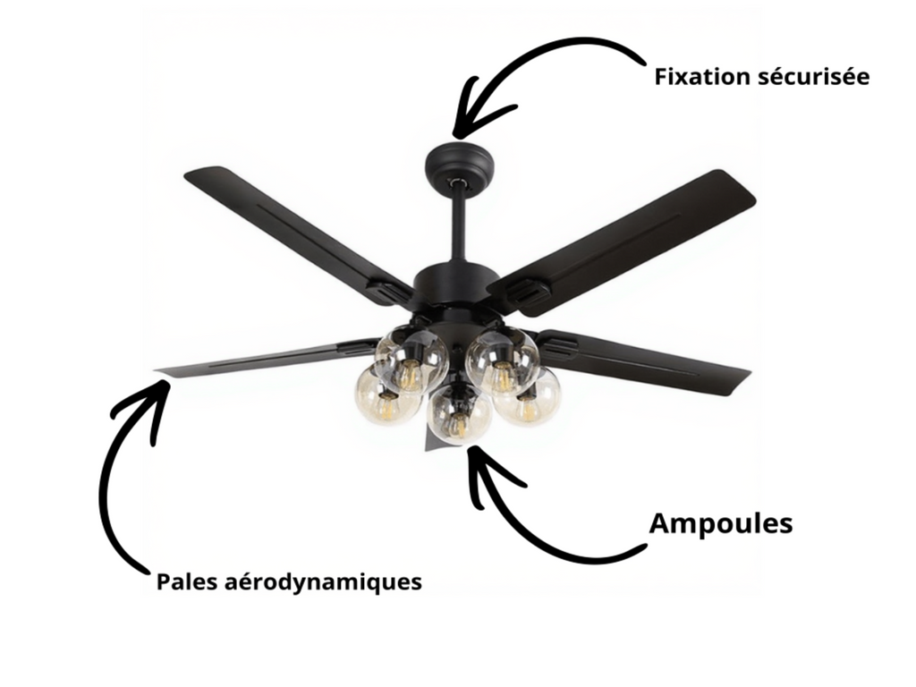 Ventilateur de Plafond Design Lustre 5 Globes en Verre Modèle Galaxie