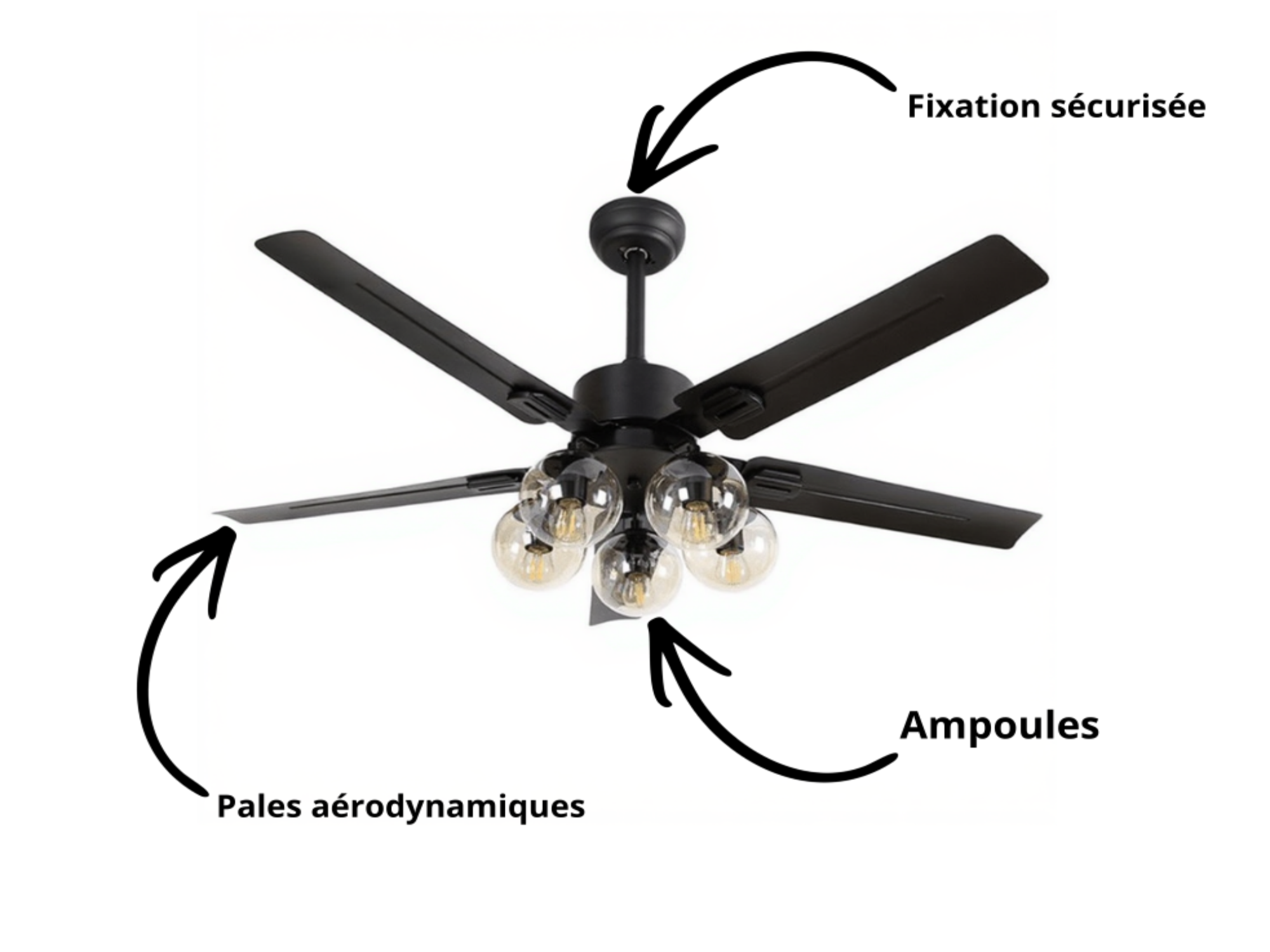 Ventilateur de Plafond Design Lustre 5 Globes en Verre Modèle Galaxie