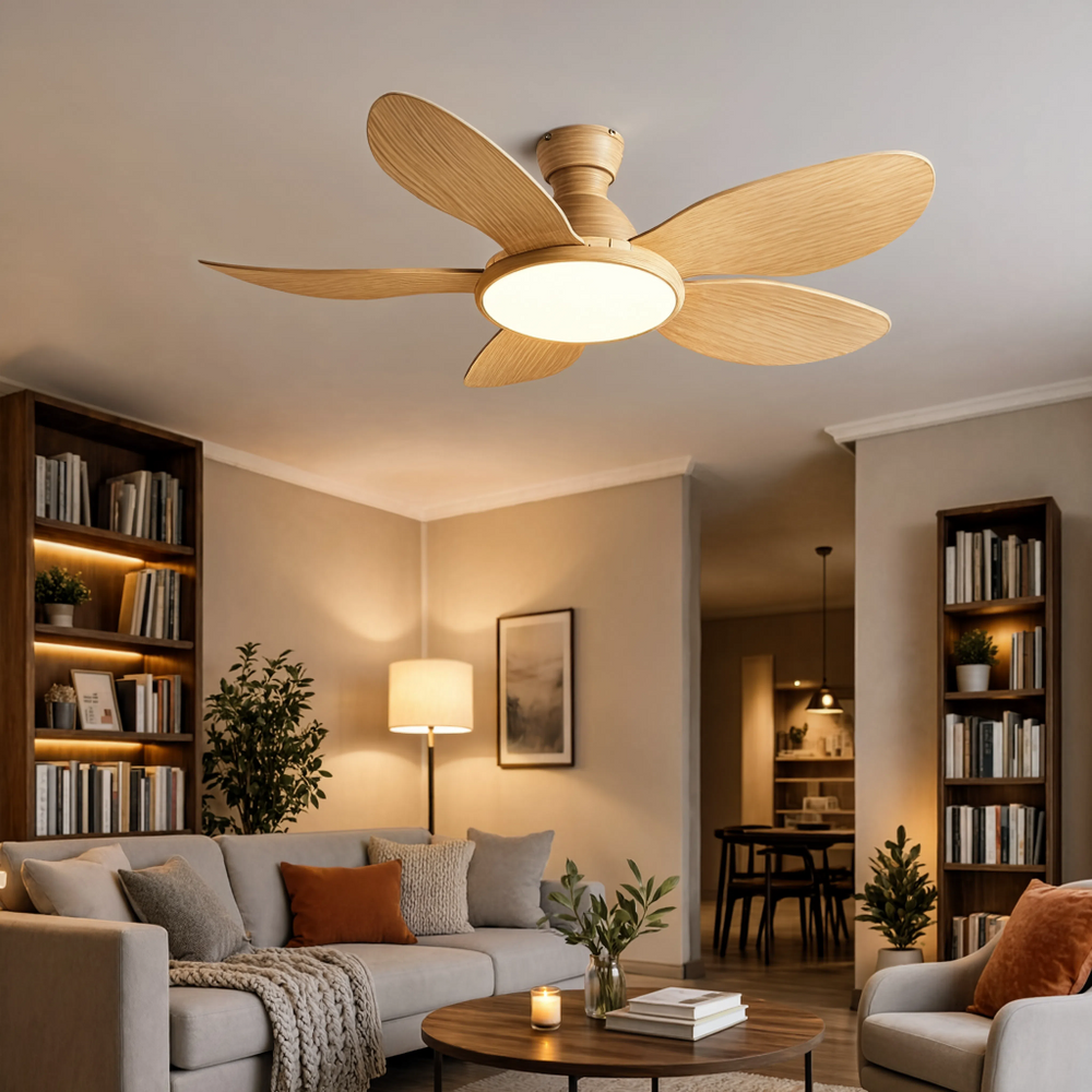 Ventilateur de plafond Bora bois clair LED, en appartement
