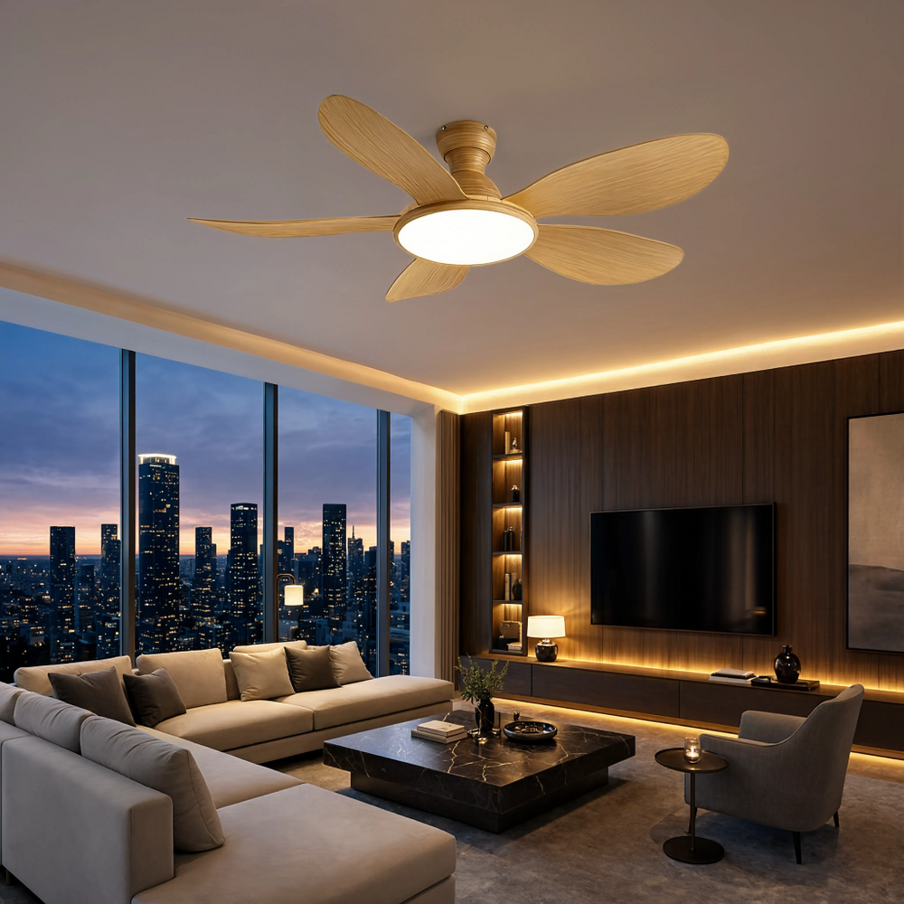 Ventilateur de plafond Bora bois clair LED, en penthouse