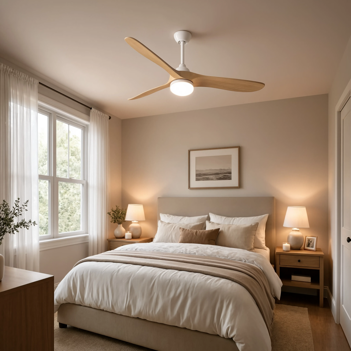 Ventilateur de plafond Alizé finition bois, installé dans une chambre cosy