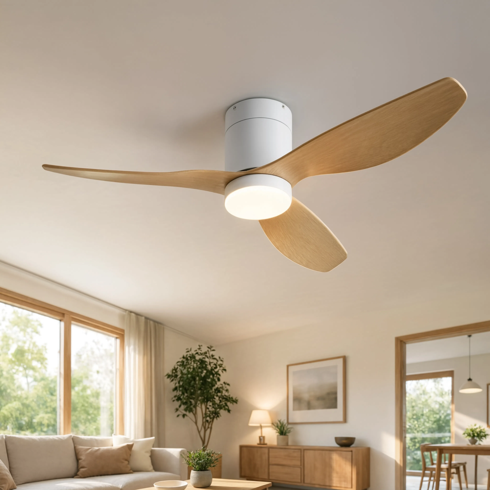 Ventilateur de plafond Syracus finition bois clair, en intérieur