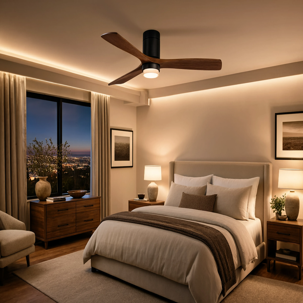 Ventilateur de plafond compact Mia bois foncé, chambre
