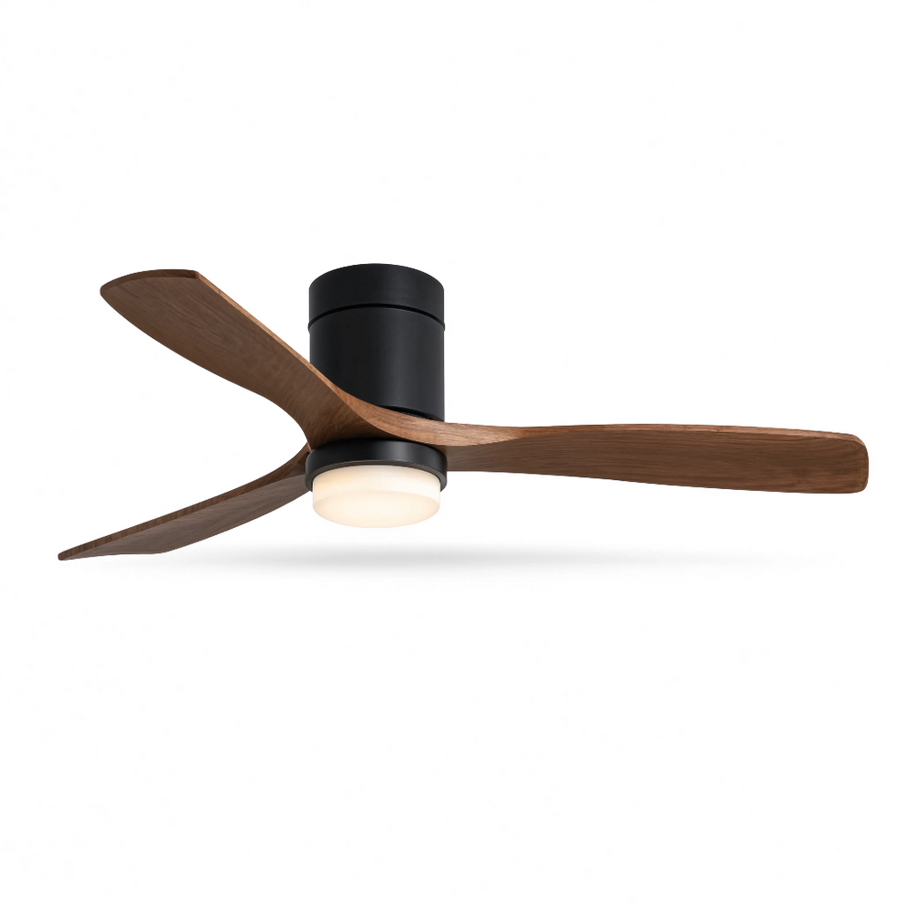 Ventilateur de plafond compact Mia bois foncé, vue produit sur fond blanc