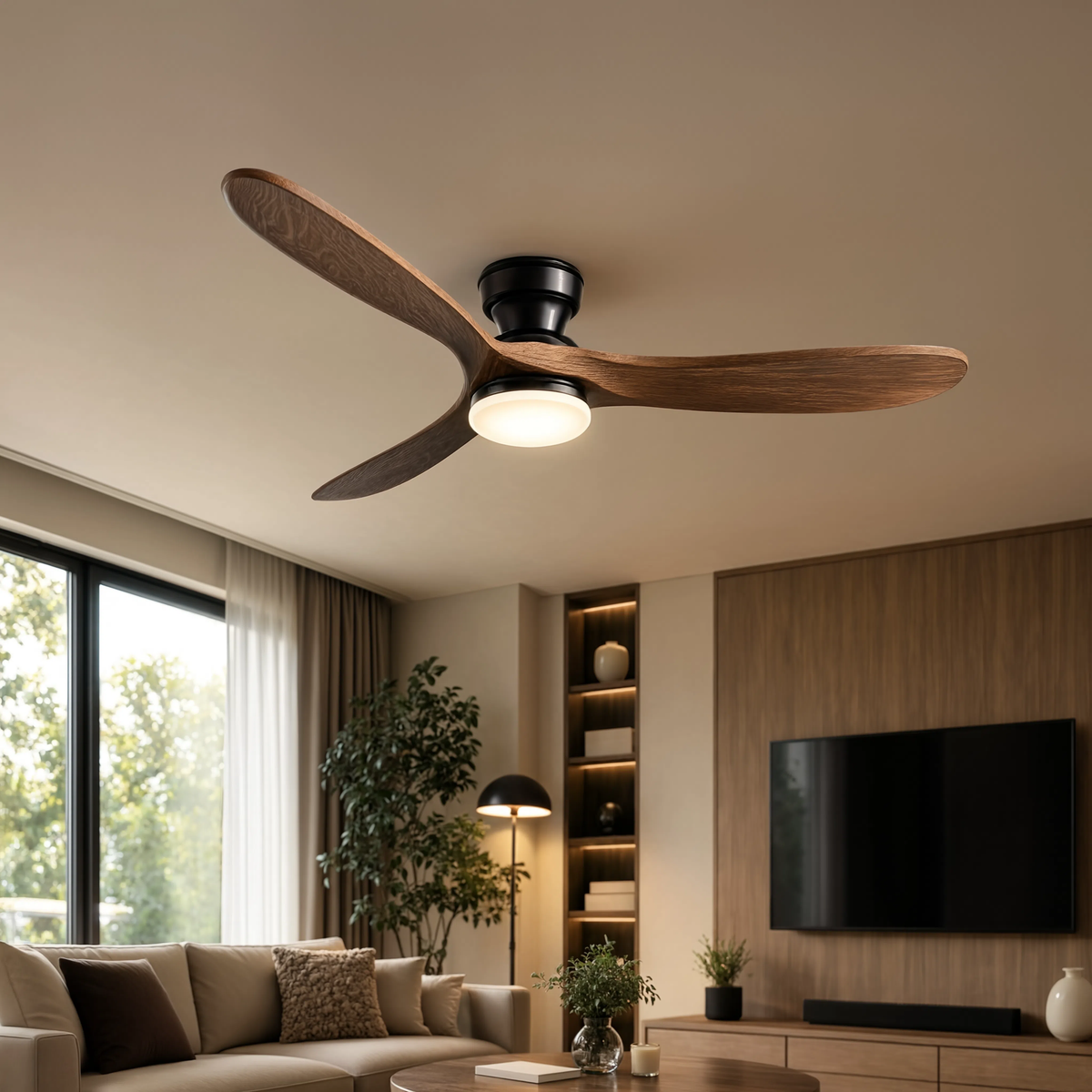 Ventilateur de plafond Nordka bois foncé, vue d'ambiance