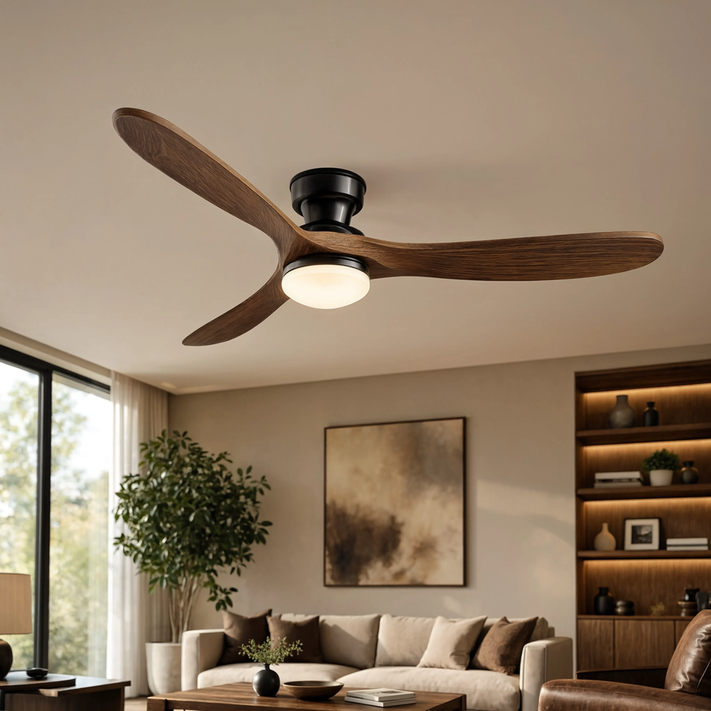 Ventilateur de plafond Nordka bois foncé, dans un salon