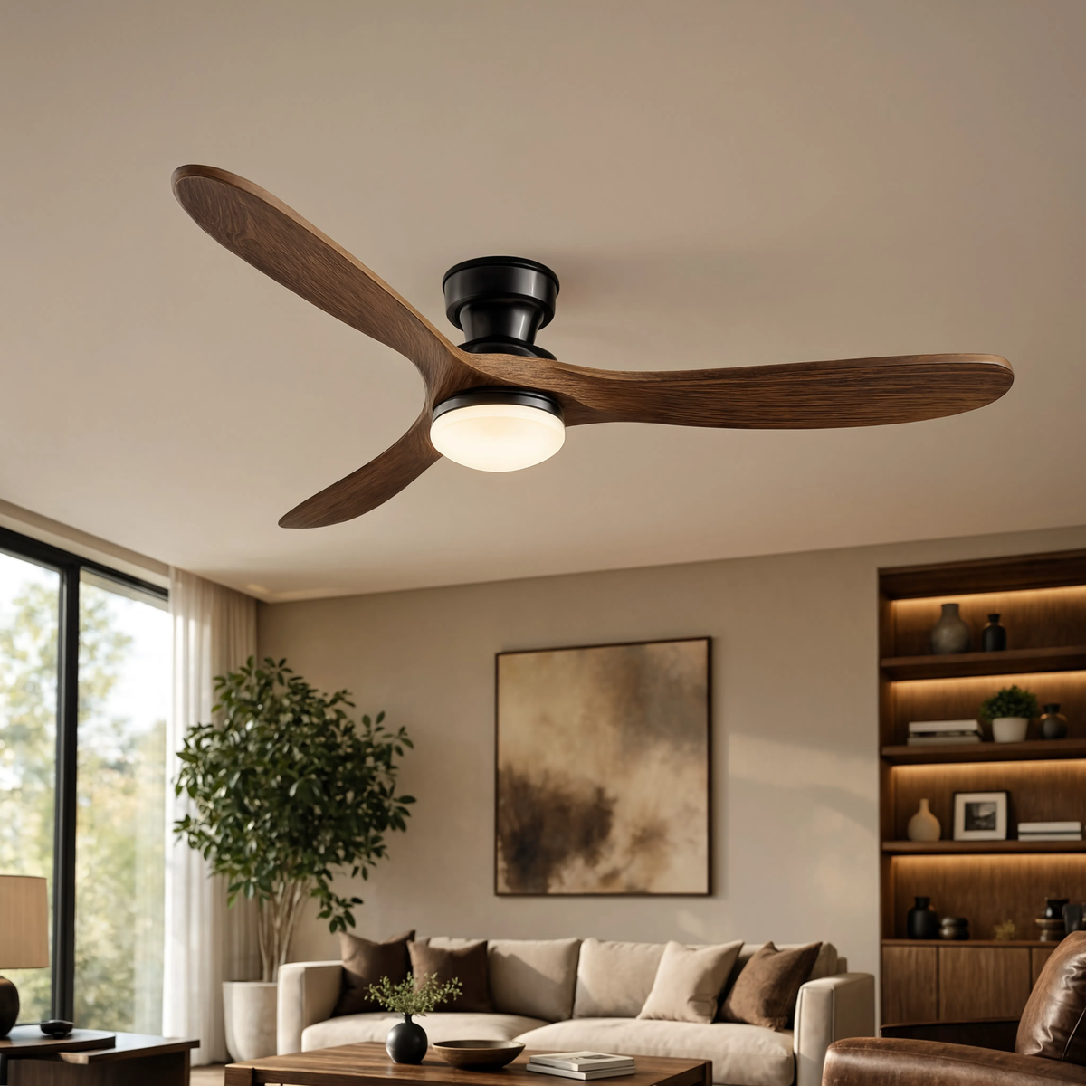 Ventilateur de plafond Nordka bois foncé, dans un salon