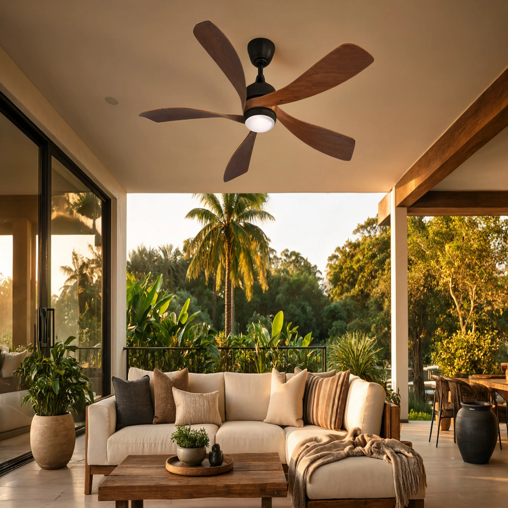 Ventilateur de plafond Éole bois foncé LED, véranda terrasse