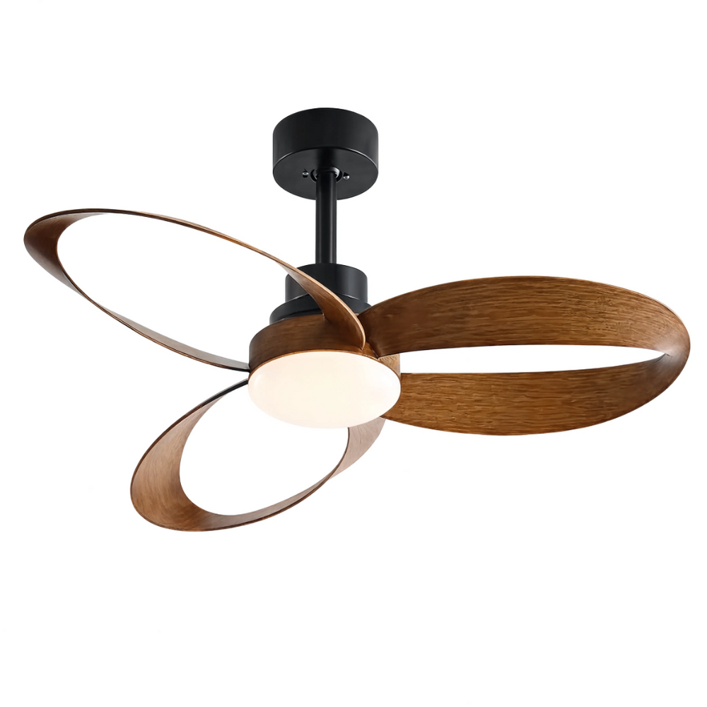 Ventilateur de plafond Sirocco finition bois, vue produit sur fond blanc