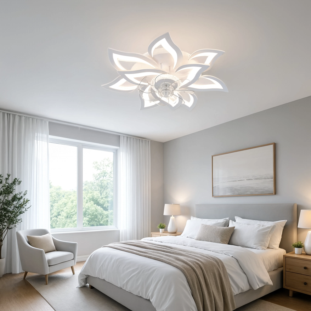 Ventilateur de plafond Zéphyr LED motif floral blanc, chambre lumineuse