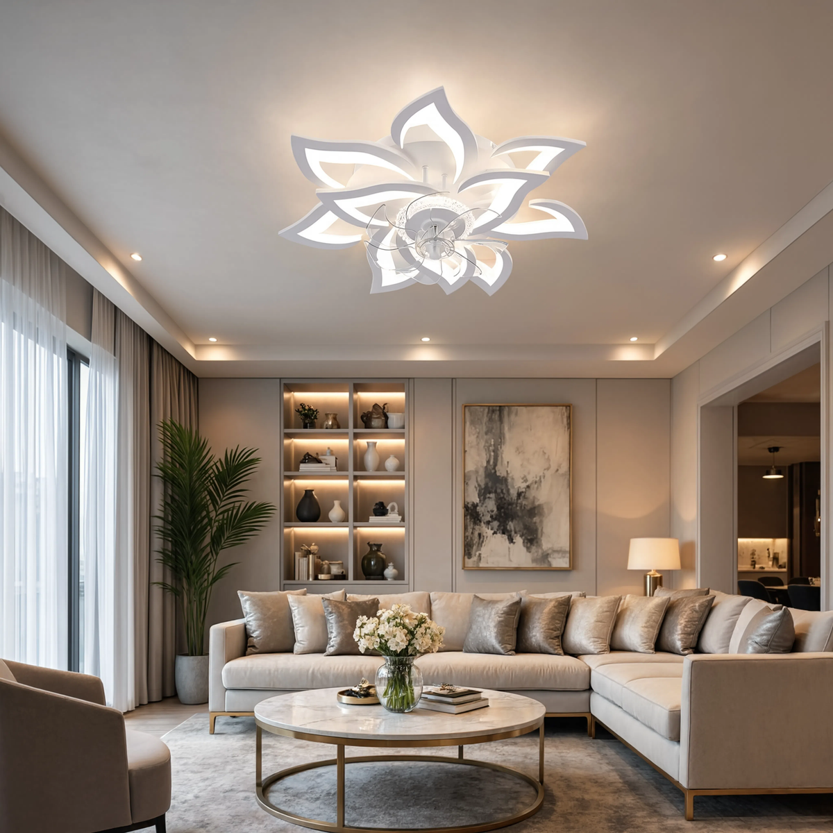 Ventilateur de plafond Zéphyr LED motif floral blanc, salon élégant