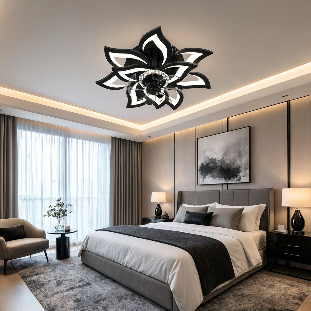 Ventilateur de plafond Zéphyr LED motif floral noir, chambre design