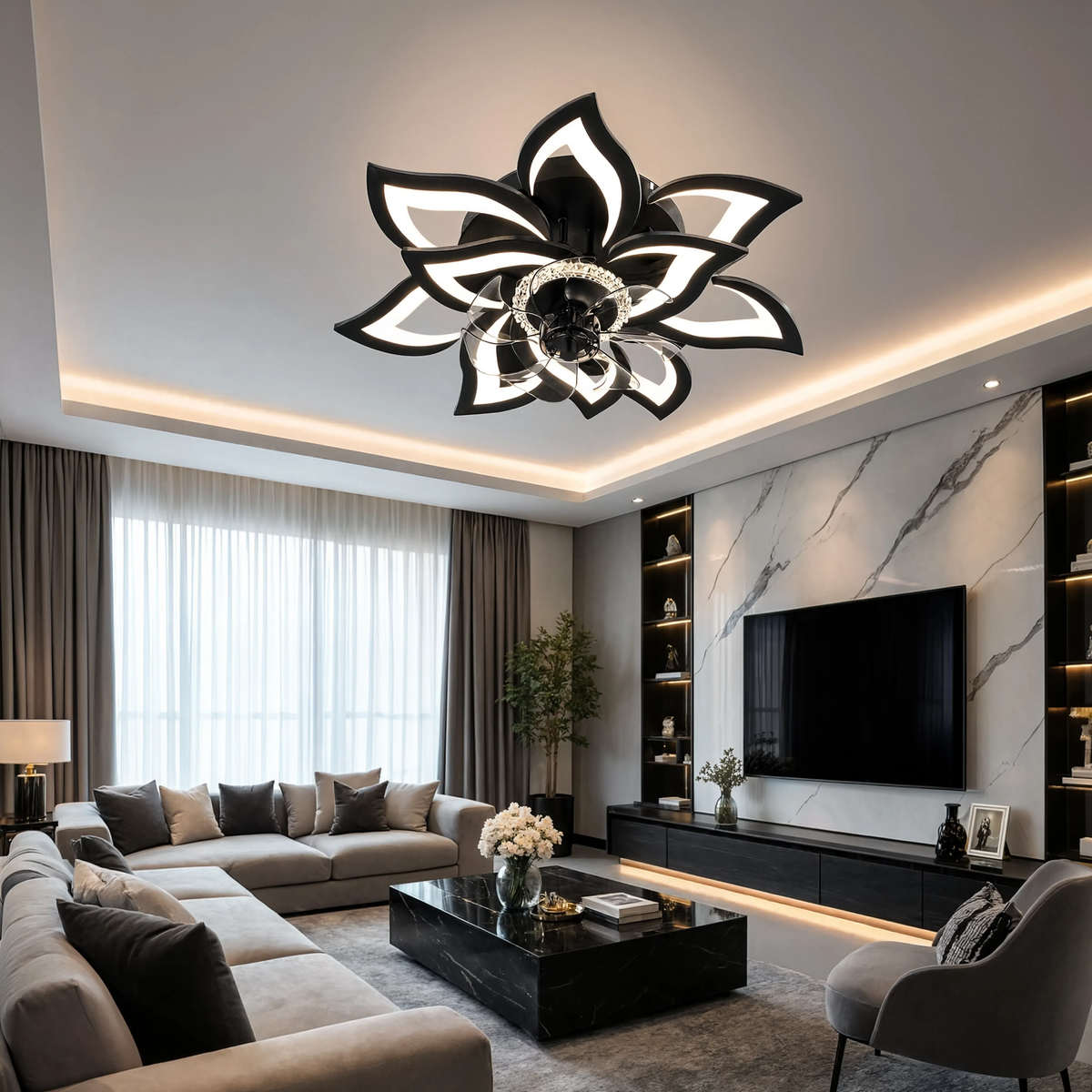 Ventilateur de plafond Zéphyr LED motif floral noir, salon contemporain