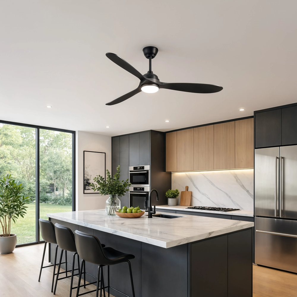 Ventilateur de plafond Alizé finition noire, cuisine contemporaine