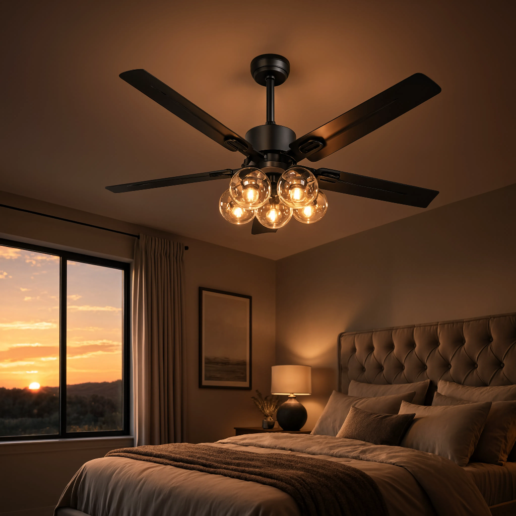 Ventilateur de Plafond Design Lustre 5 Globes en Verre Modèle Galaxie