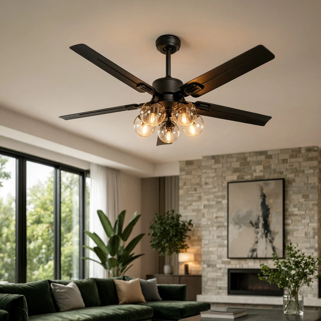 Ventilateur de Plafond Design Lustre 5 Globes en Verre Modèle Galaxie