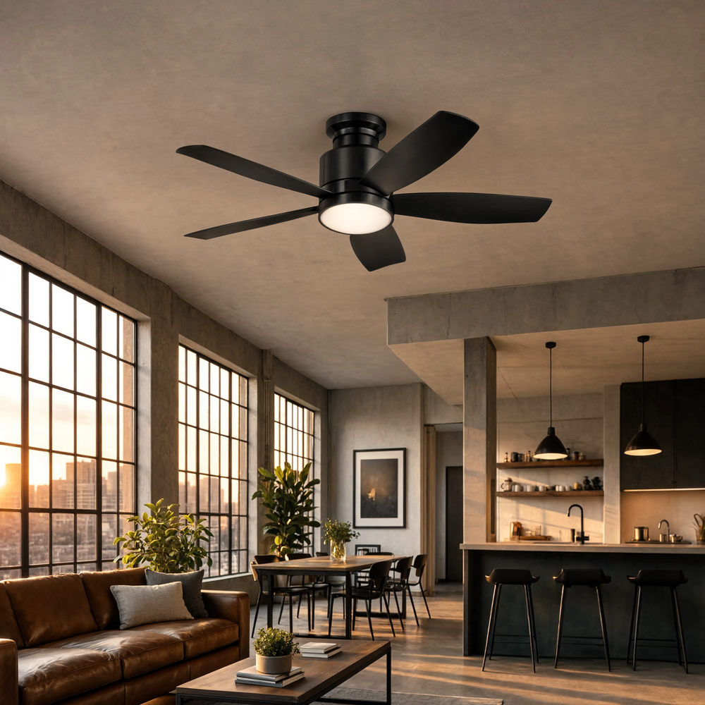 Ventilateur de plafond Helixir noir, dans un loft lumineux