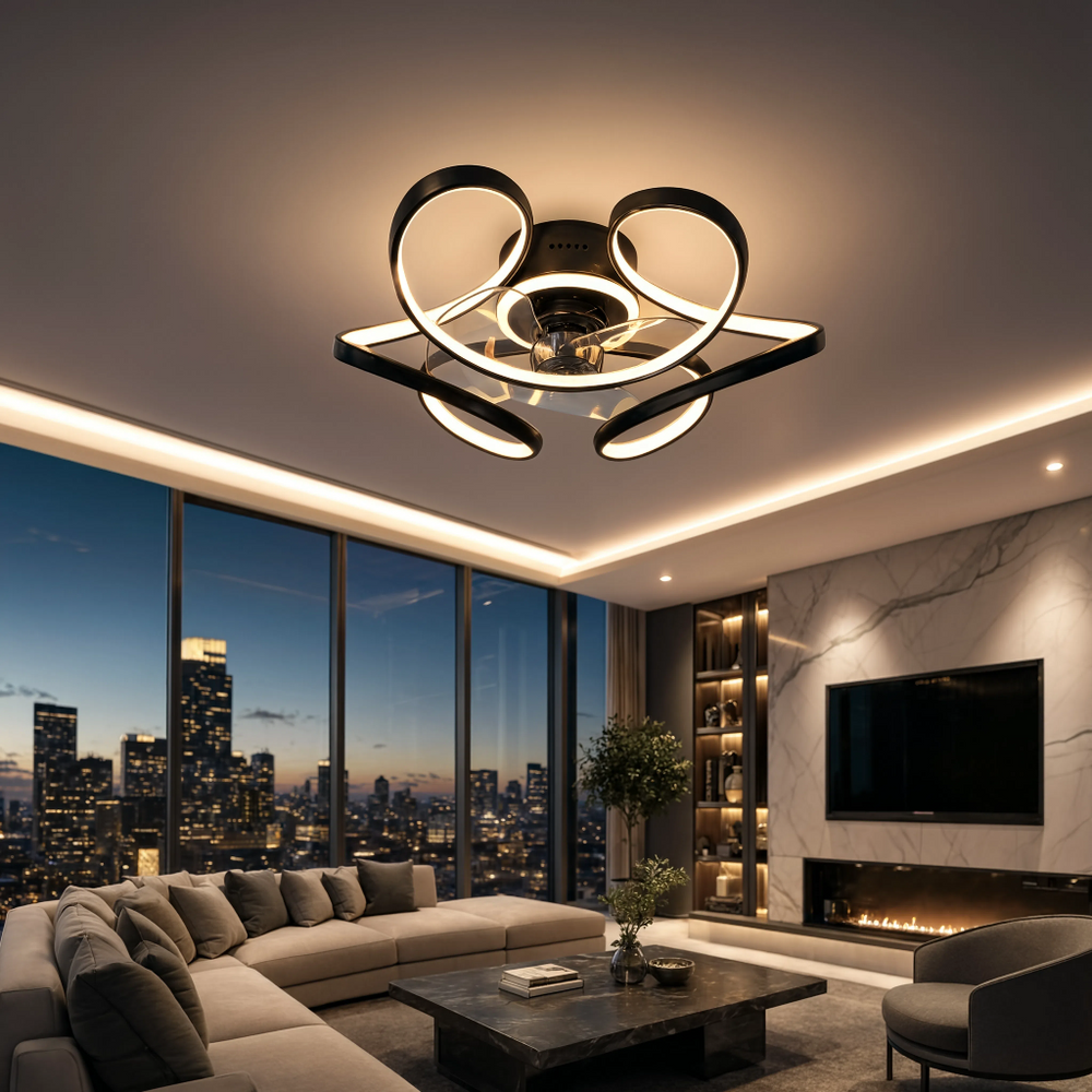 Ventilateur de plafond Harmattan noir Art Déco, dans un penthouse