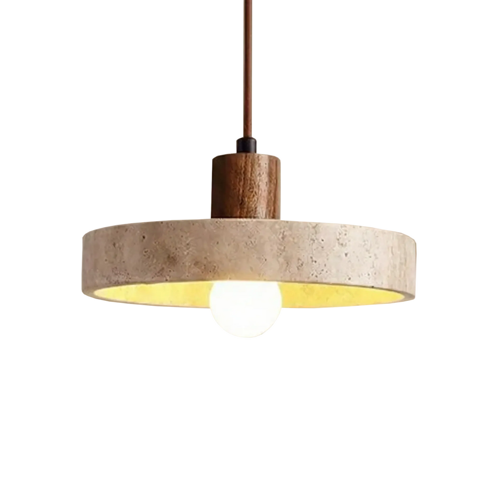 Suspension disque en travertin jaune et bois massif, vue produit