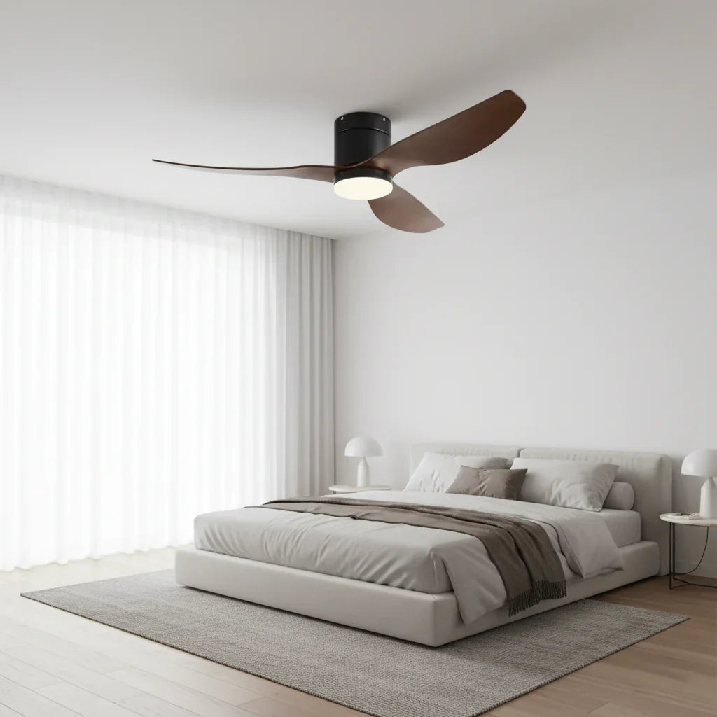 Serena | Ventilateur LED intégrée noir et bois foncé